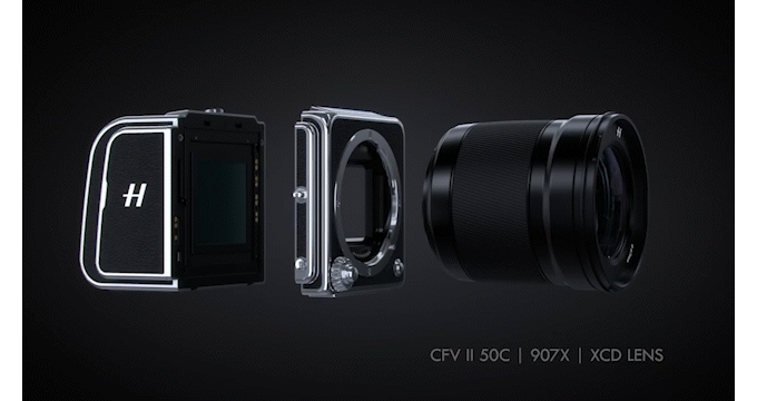 Animation Hasselblad 907X Medium Format Camera parts coming together against a black background